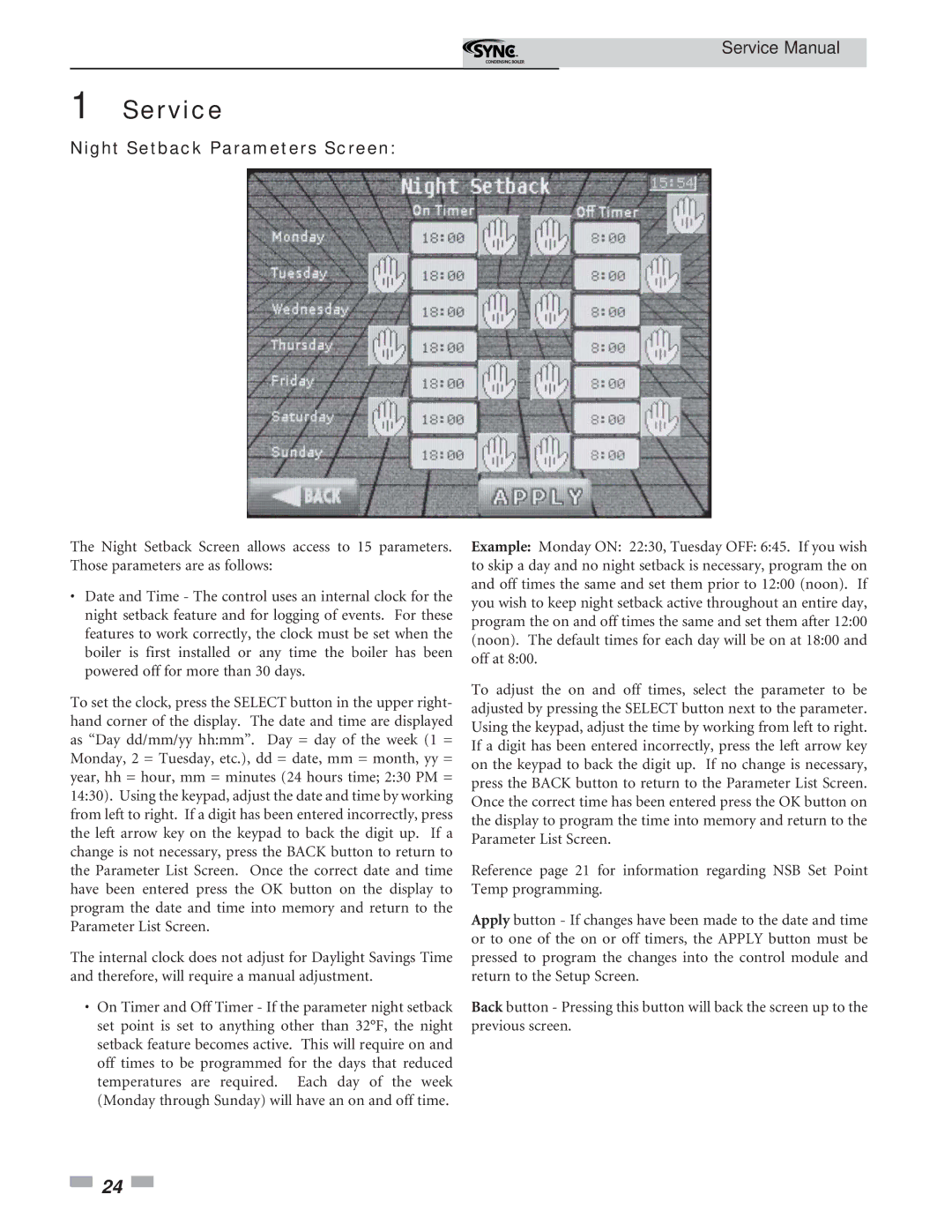 Lochinvar 1.3 service manual Night Setback Parameters Screen 