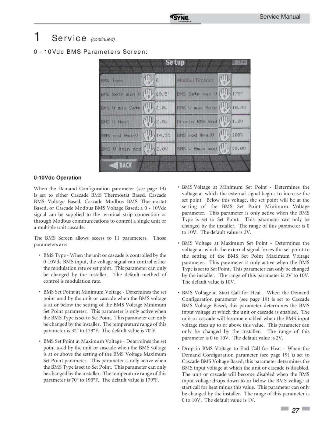 Lochinvar 1.3 service manual 10Vdc BMS Parameters Screen, 10Vdc Operation 