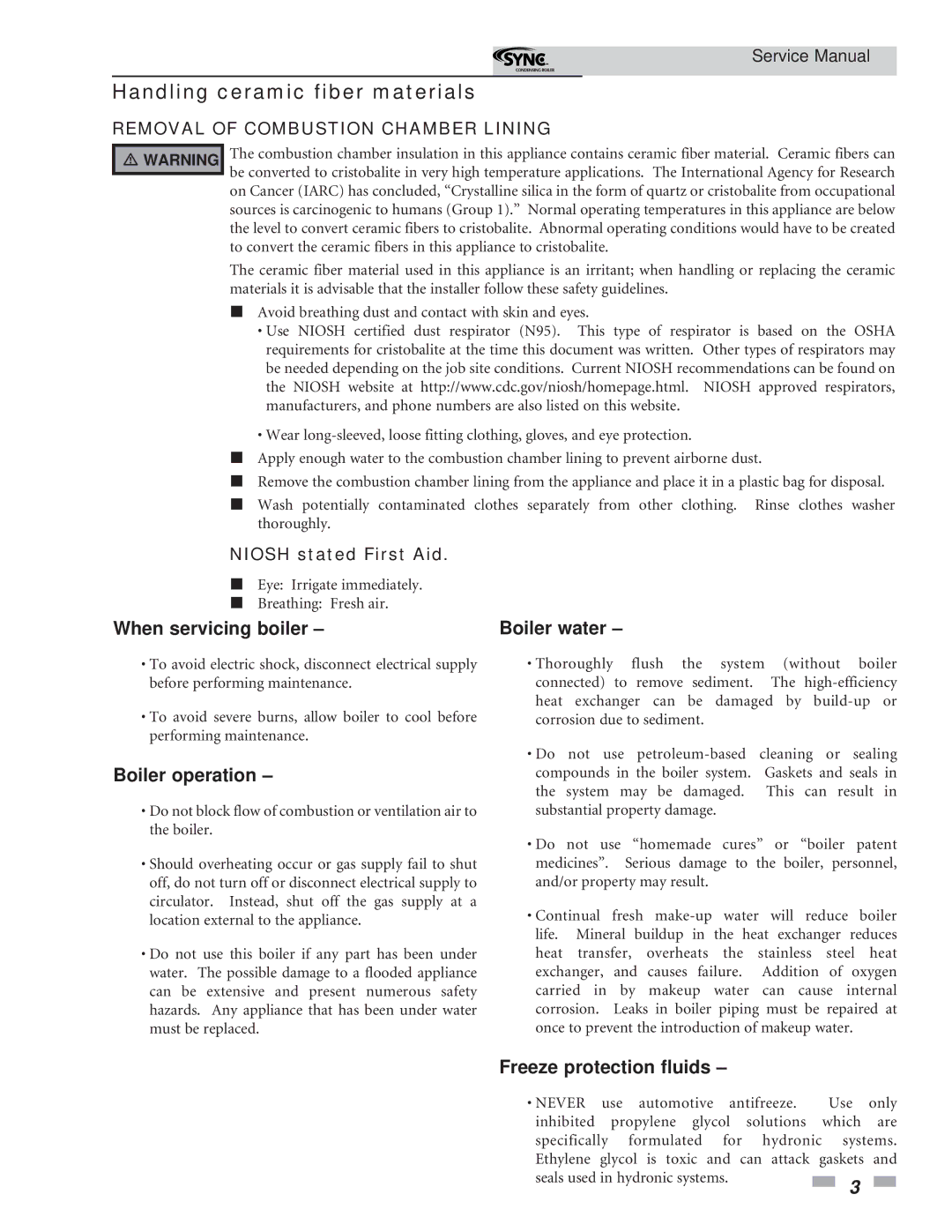 Lochinvar 1.3 service manual Handling ceramic fiber materials, Niosh stated First Aid 