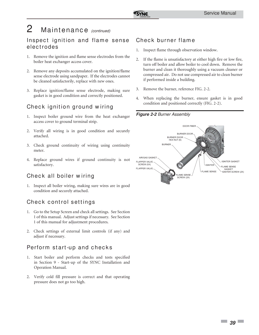 Lochinvar 1.3 Inspect ignition and flame sense electrodes, Check ignition ground wiring, Check all boiler wiring 