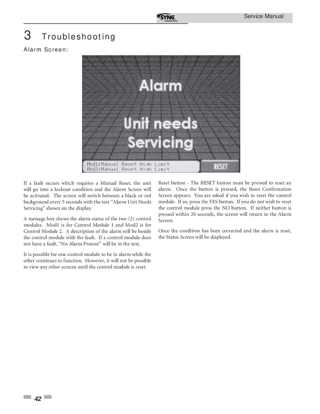 Lochinvar 1.3 service manual Troubleshooting, Alarm Screen 