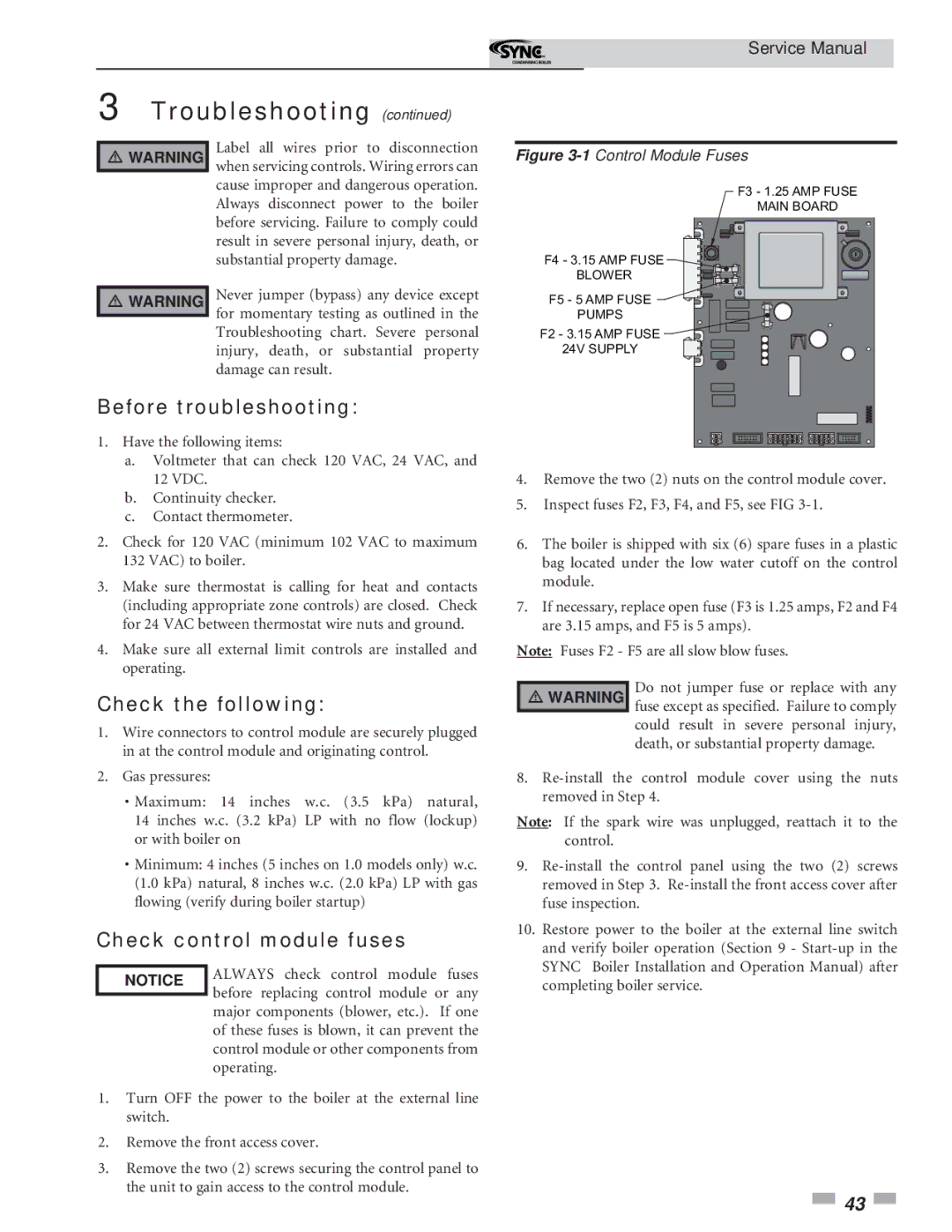 Lochinvar 1.3 service manual Before troubleshooting, Check the following, Check control module fuses 