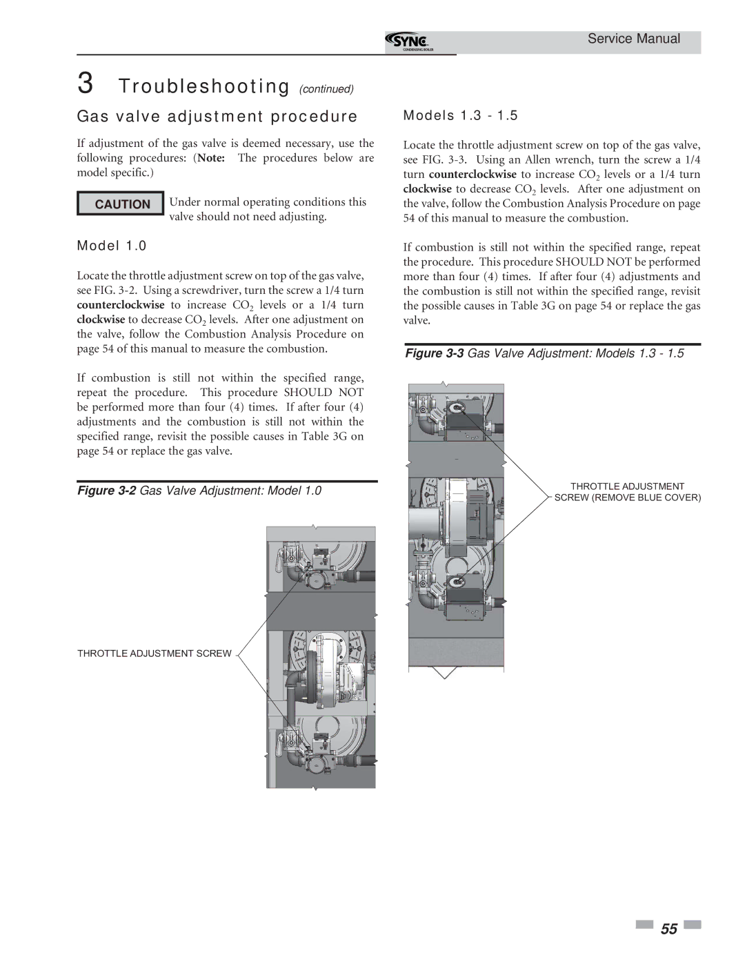 Lochinvar service manual Gas valve adjustment procedure, Models 1.3 