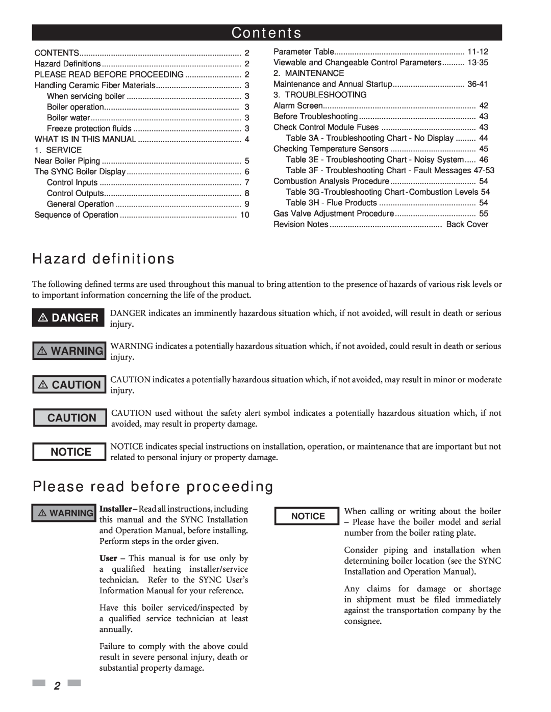 Lochinvar 1.3 service manual Hazard definitions, Please read before proceeding, Danger, Notice, Contents 