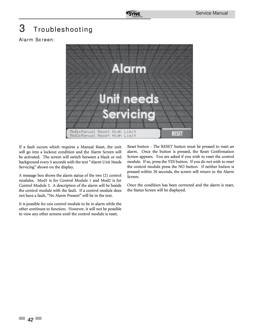 Lochinvar 1.3 service manual Troubleshooting, Service Manual, Alarm Screen 
