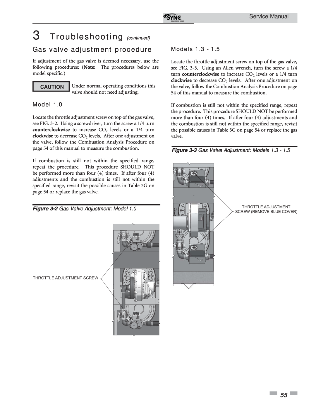Lochinvar service manual Gas valve adjustment procedure, Troubleshooting continued, Service Manual, Models 1.3 