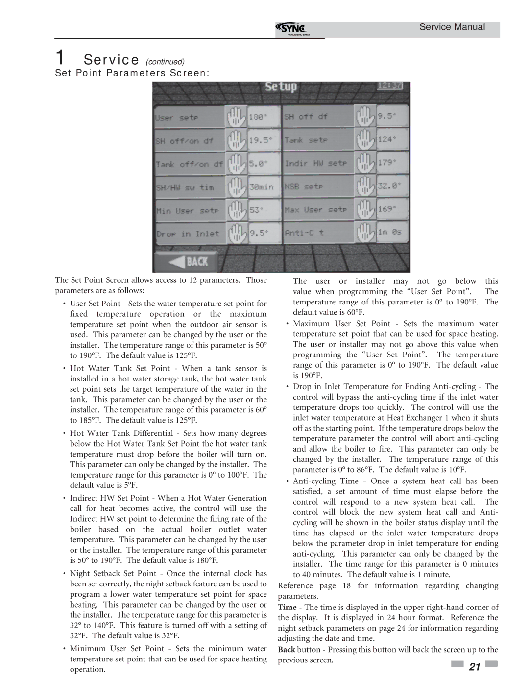 Lochinvar 1 service manual Set Point Parameters Screen 