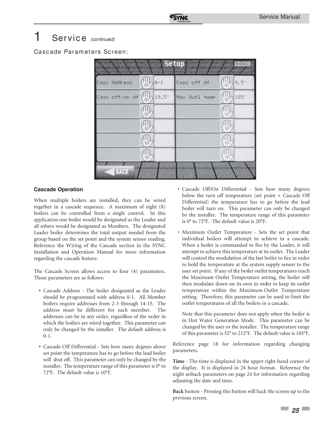 Lochinvar 1 service manual Cascade Parameters Screen, Cascade Operation 