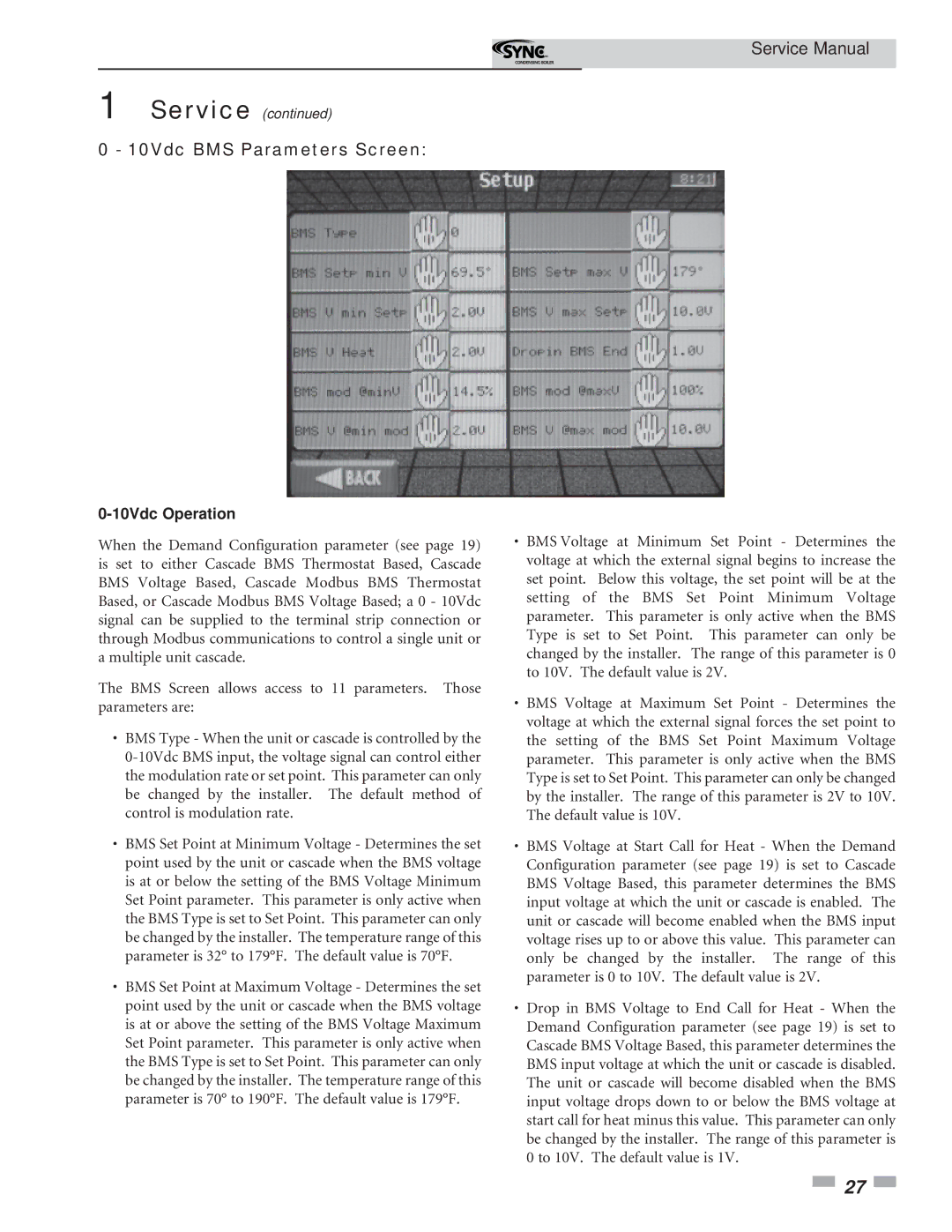 Lochinvar service manual 10Vdc BMS Parameters Screen, 10Vdc Operation 