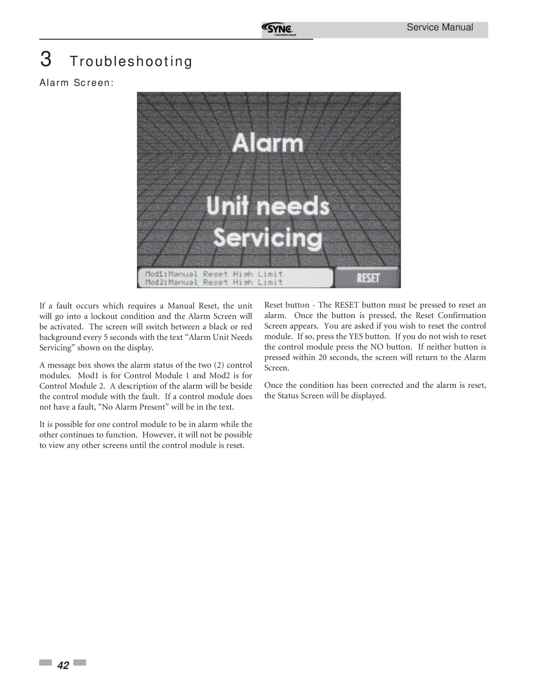Lochinvar 1 service manual Troubleshooting, Alarm Screen 