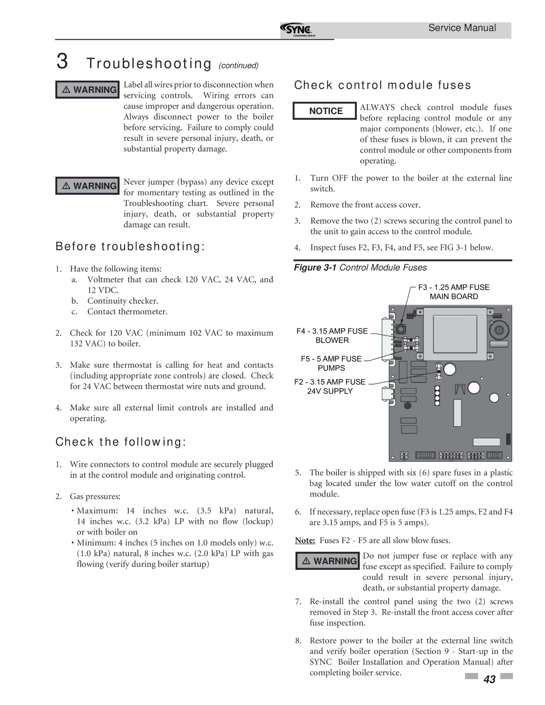 Lochinvar 1 service manual Before troubleshooting, Check the following, Check control module fuses 