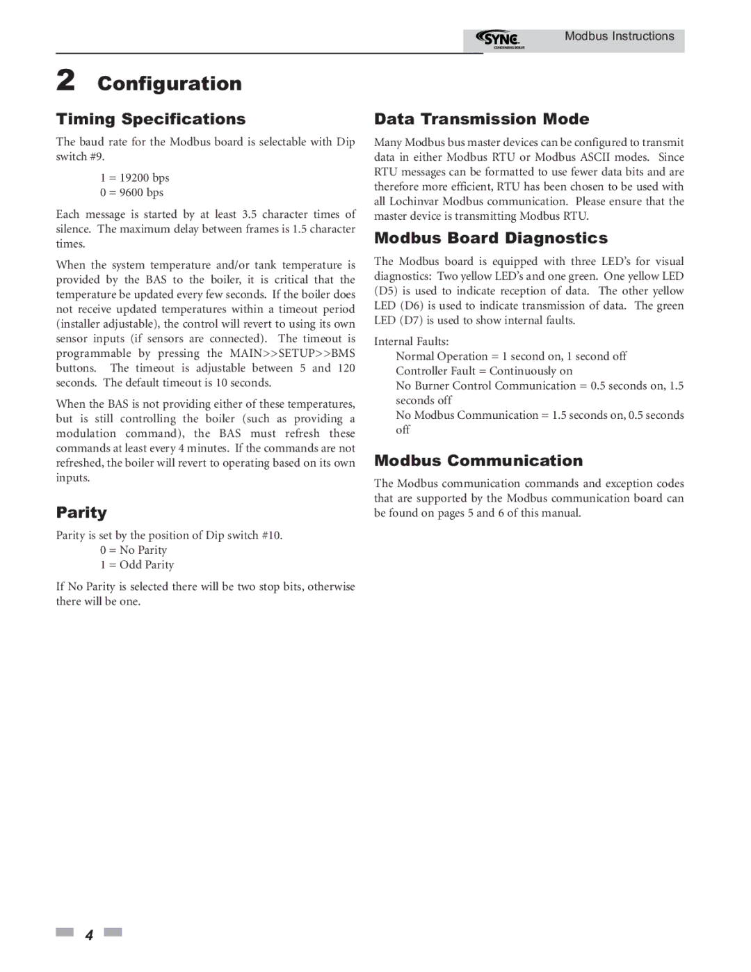 Lochinvar 1.0- 1.3- 1.5 operation manual Timing Specifications, Parity, Data Transmission Mode, Modbus Board Diagnostics 