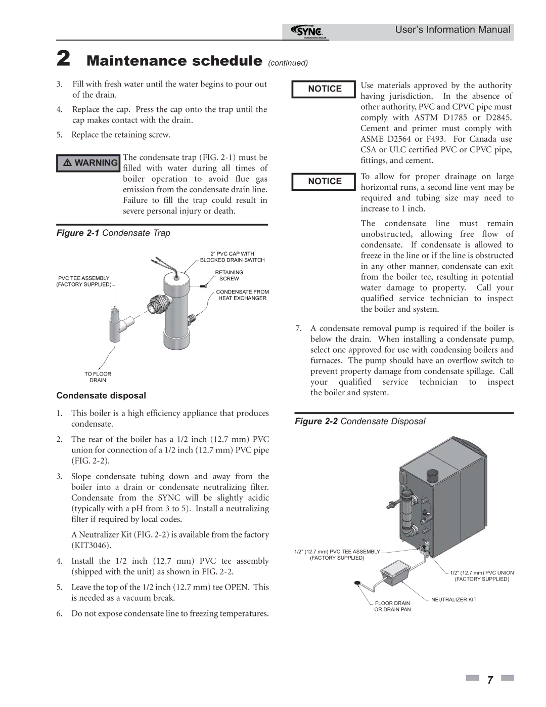 Lochinvar 1.5, 1.3, 1.0 manual Condensate disposal 