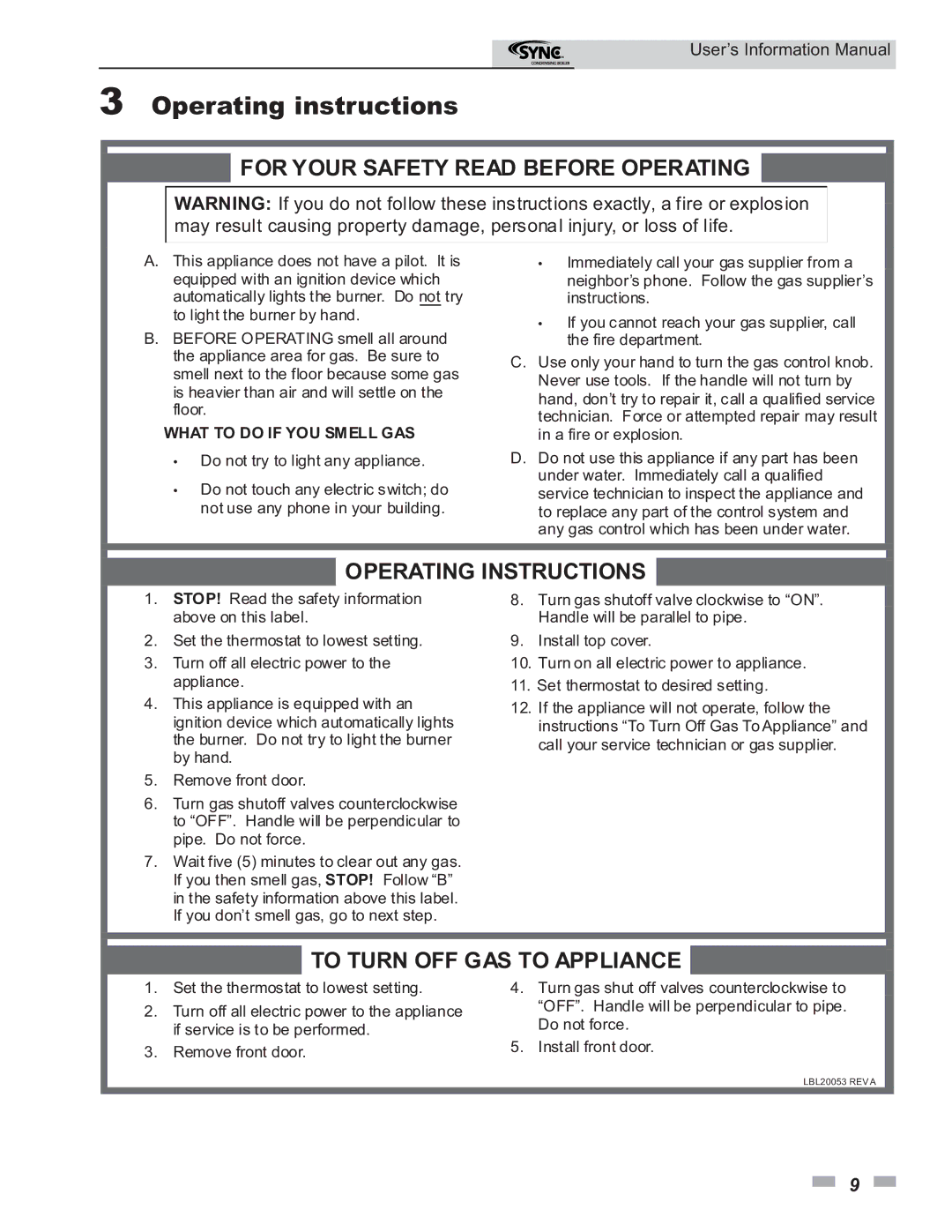 Lochinvar 1.3, 1.5, 1.0 manual Operating instructions, For Your Safety Read Before Operating 