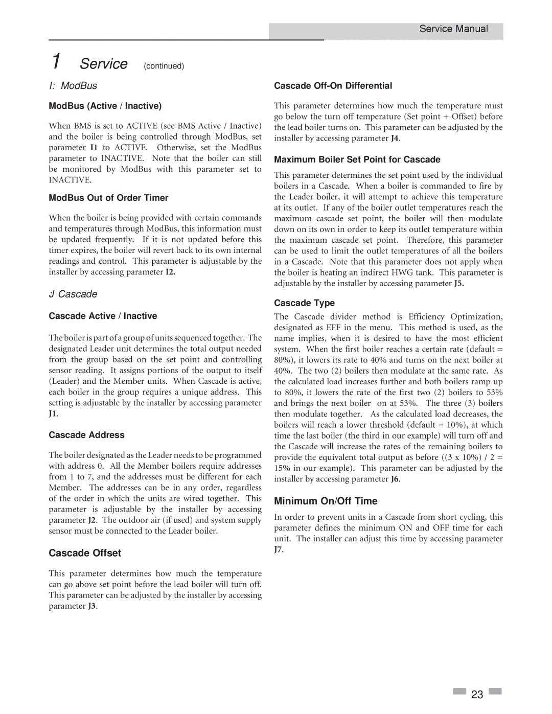 Lochinvar 2.5, 1.5, 3.5 service manual ModBus, Cascade Offset, Minimum On/Off Time 