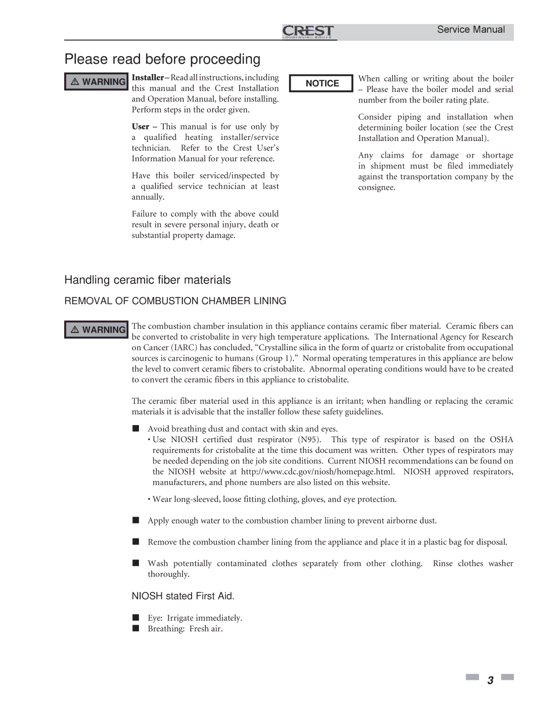 Lochinvar 2.5, 1.5, 3.5 Please read before proceeding, Handling ceramic fiber materials, Niosh stated First Aid 