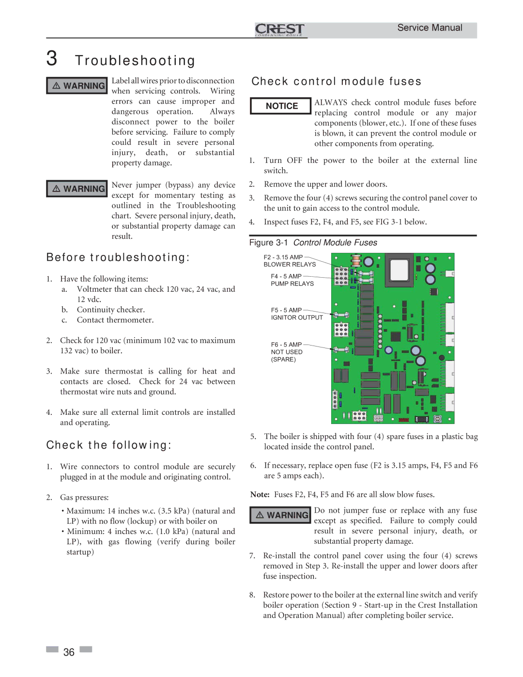 Lochinvar 3.5, 1.5, 2.5 Troubleshooting, Before troubleshooting, Check the following, Check control module fuses 