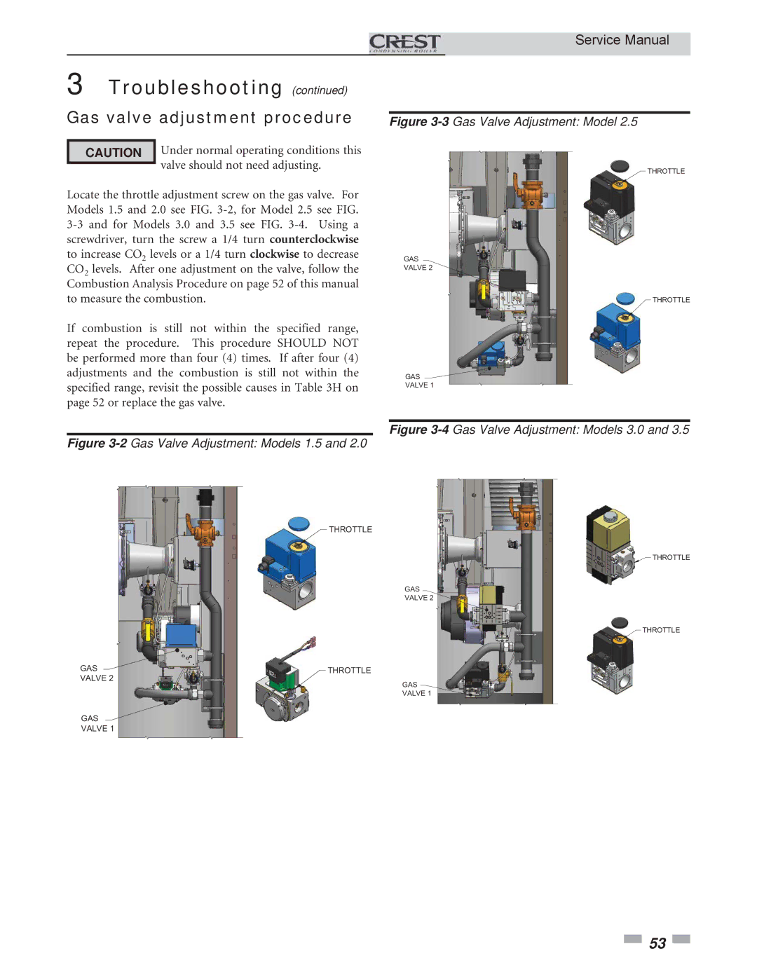 Lochinvar 2.5, 3.5 service manual Gas valve adjustment procedure, 2Gas Valve Adjustment Models 1.5 