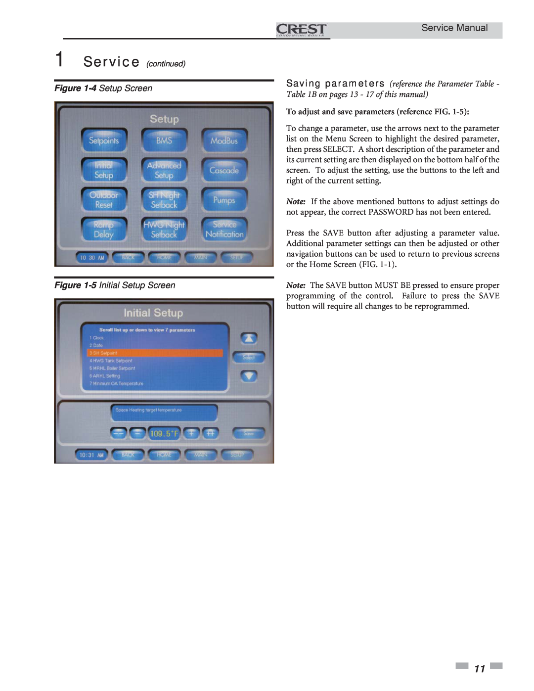 Lochinvar 3.5, 1.5, 2.5 service manual 4 Setup Screen, 5 Initial Setup Screen, To adjust and save parameters reference FIG 