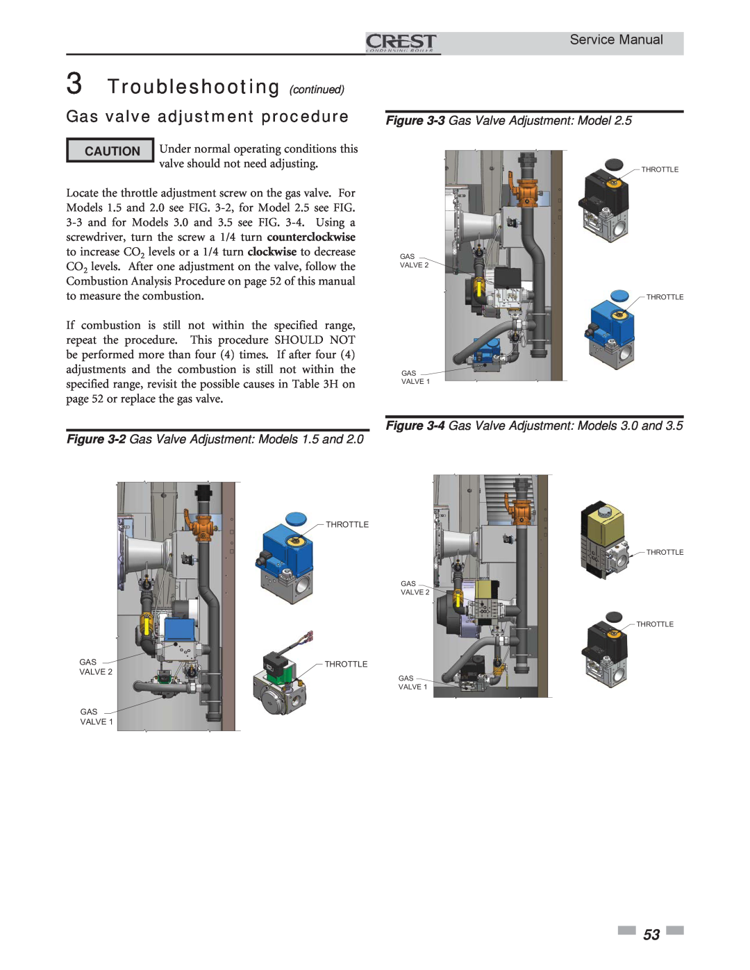 Lochinvar 2.5, 3.5 Gas valve adjustment procedure, Troubleshooting continued, 2 Gas Valve Adjustment Models 1.5 and 