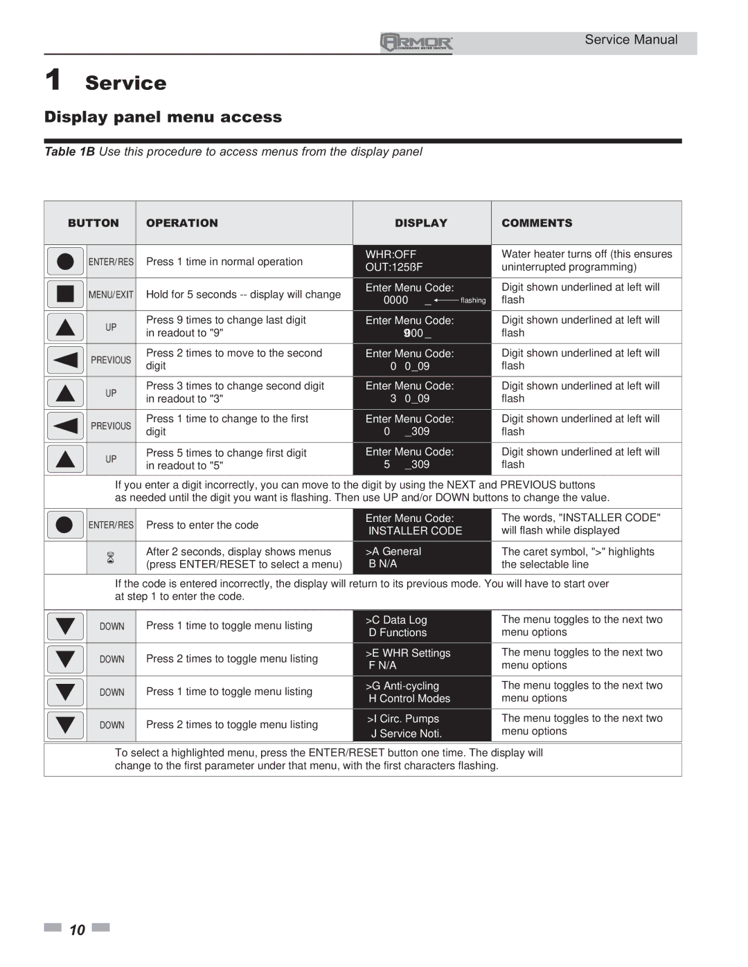 Lochinvar 150 - 500 service manual Display panel menu access, Use this procedure to access menus from the display panel 