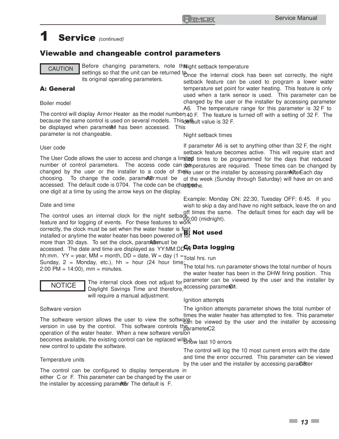 Lochinvar 150 - 500 service manual Viewable and changeable control parameters, Not used Data logging 