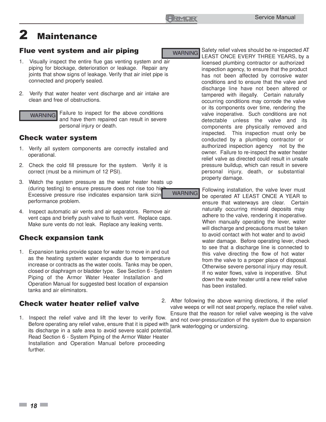 Lochinvar 150 - 500 service manual Flue vent system and air piping, Check water system, Check expansion tank 