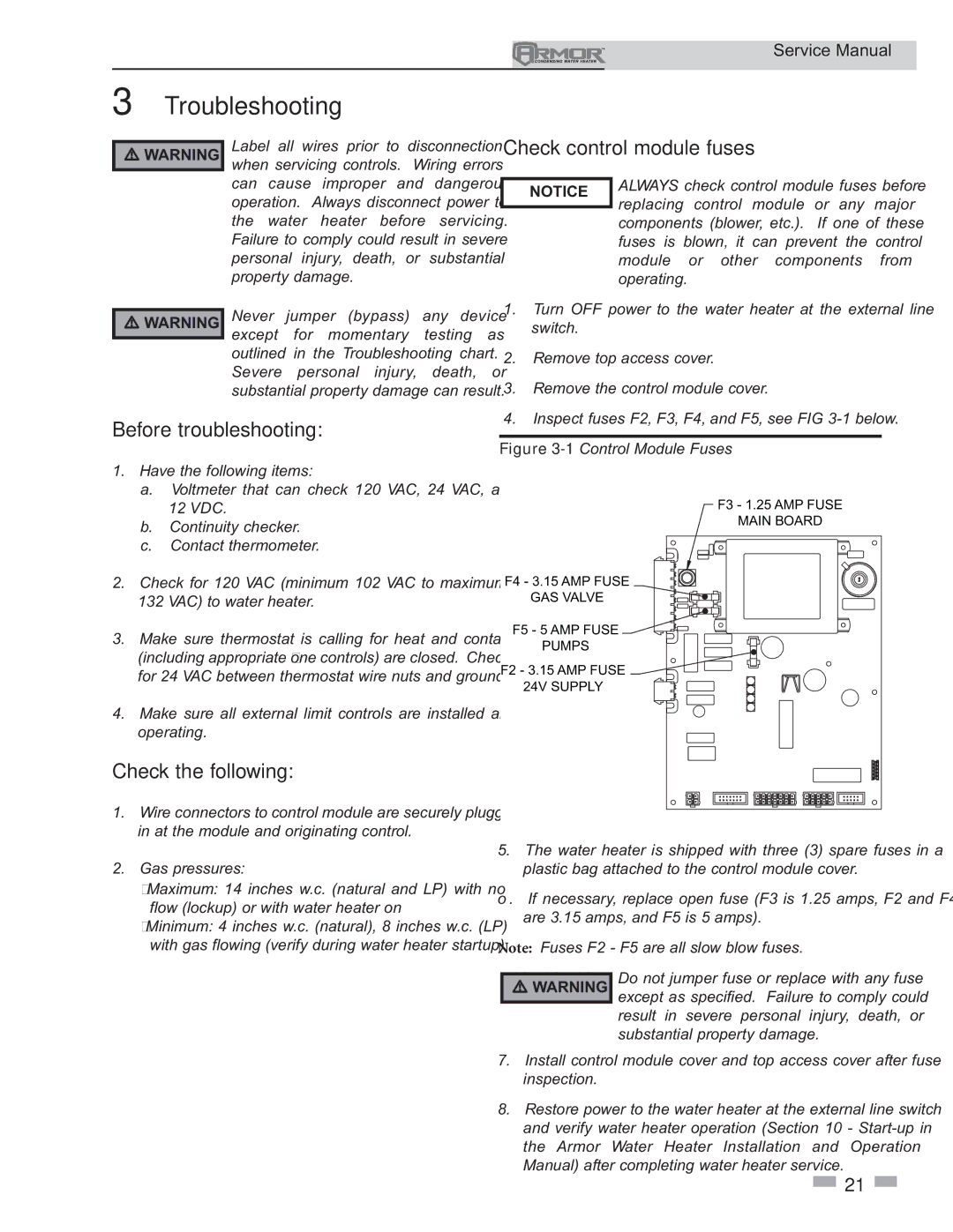 Lochinvar 150 - 500 service manual Troubleshooting, Check control module fuses, Before troubleshooting, Check the following 