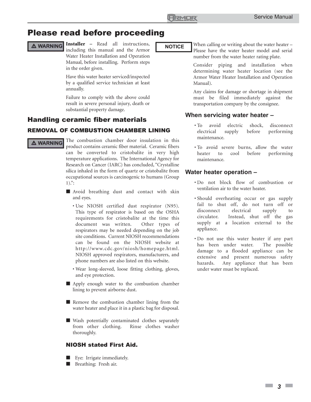 Lochinvar 150 - 500 service manual Please read before proceeding, Handling ceramic fiber materials, Niosh stated First Aid 