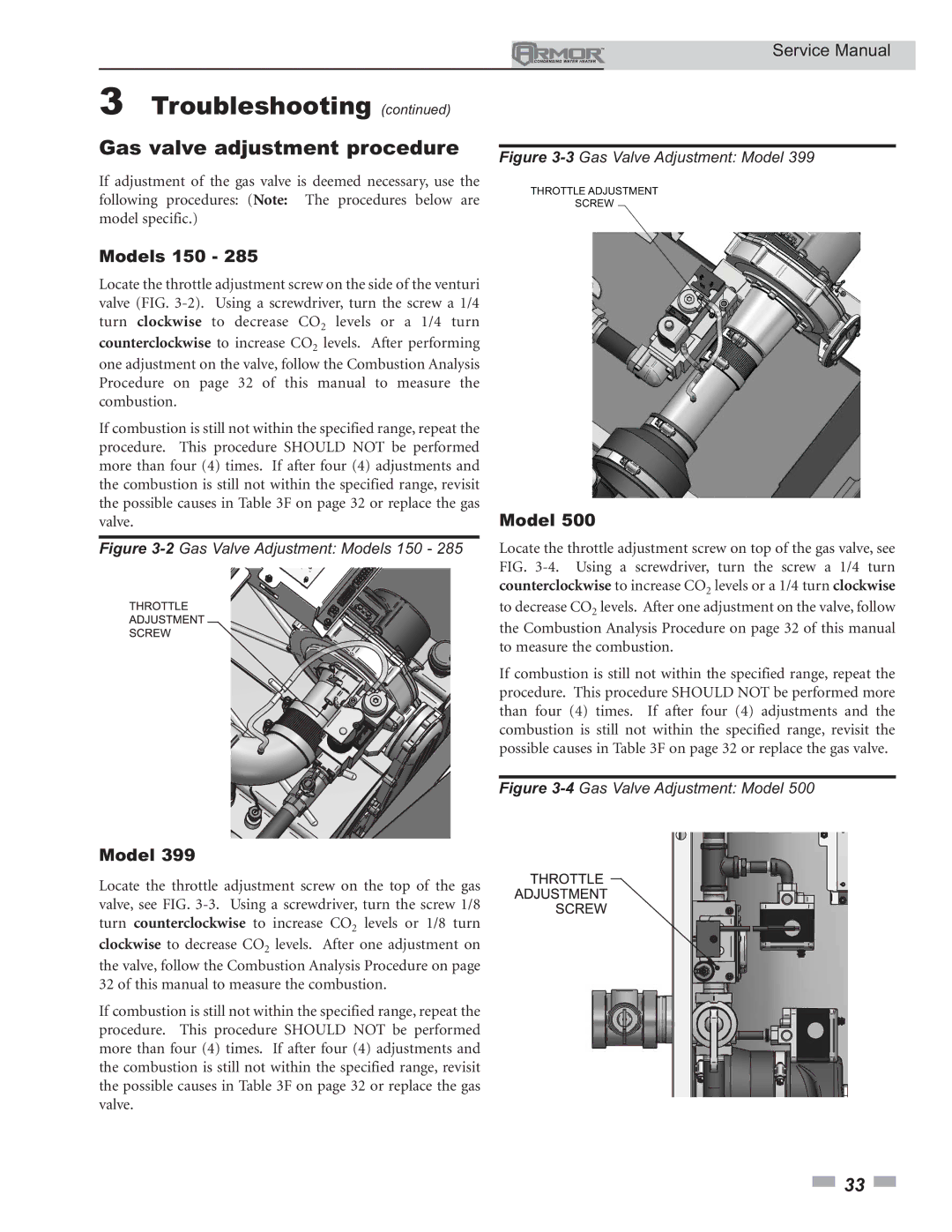 Lochinvar 150 - 500 service manual Gas valve adjustment procedure, Models 150 