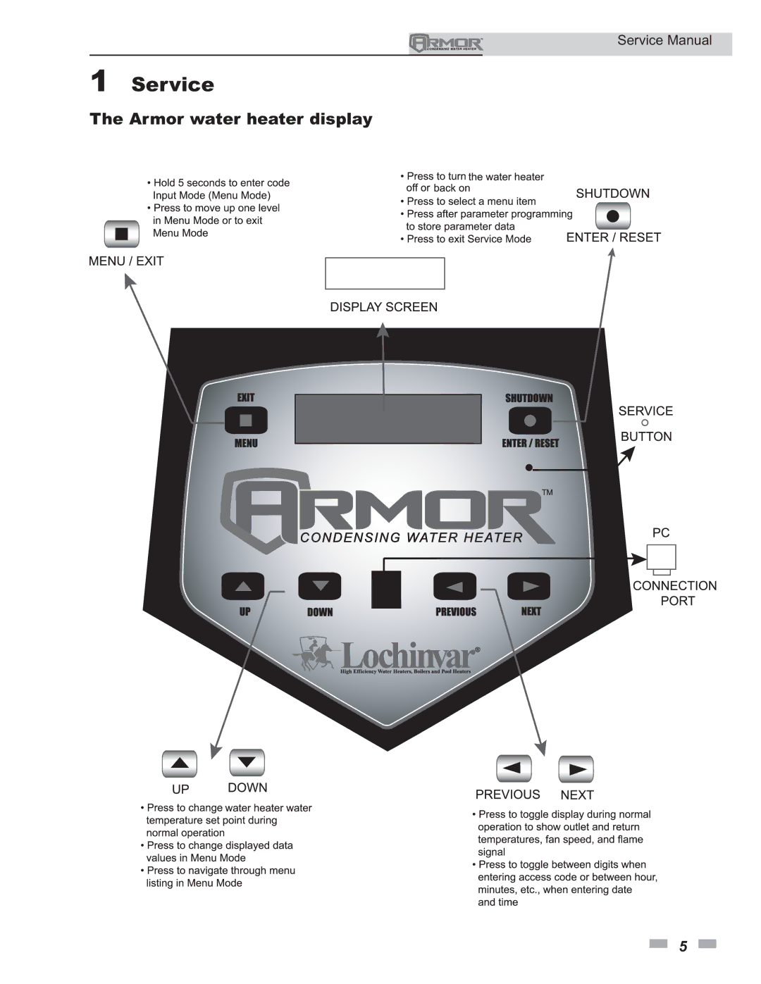 Lochinvar 150 - 500 service manual Service, Armor water heater display 