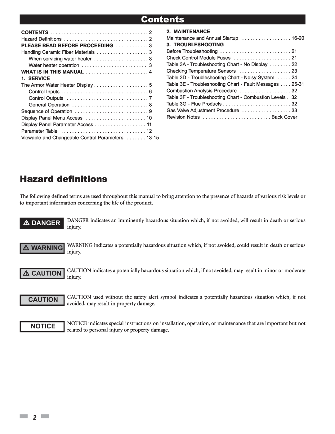 Lochinvar 150 - 500 service manual Hazard definitions, Danger, Contents 