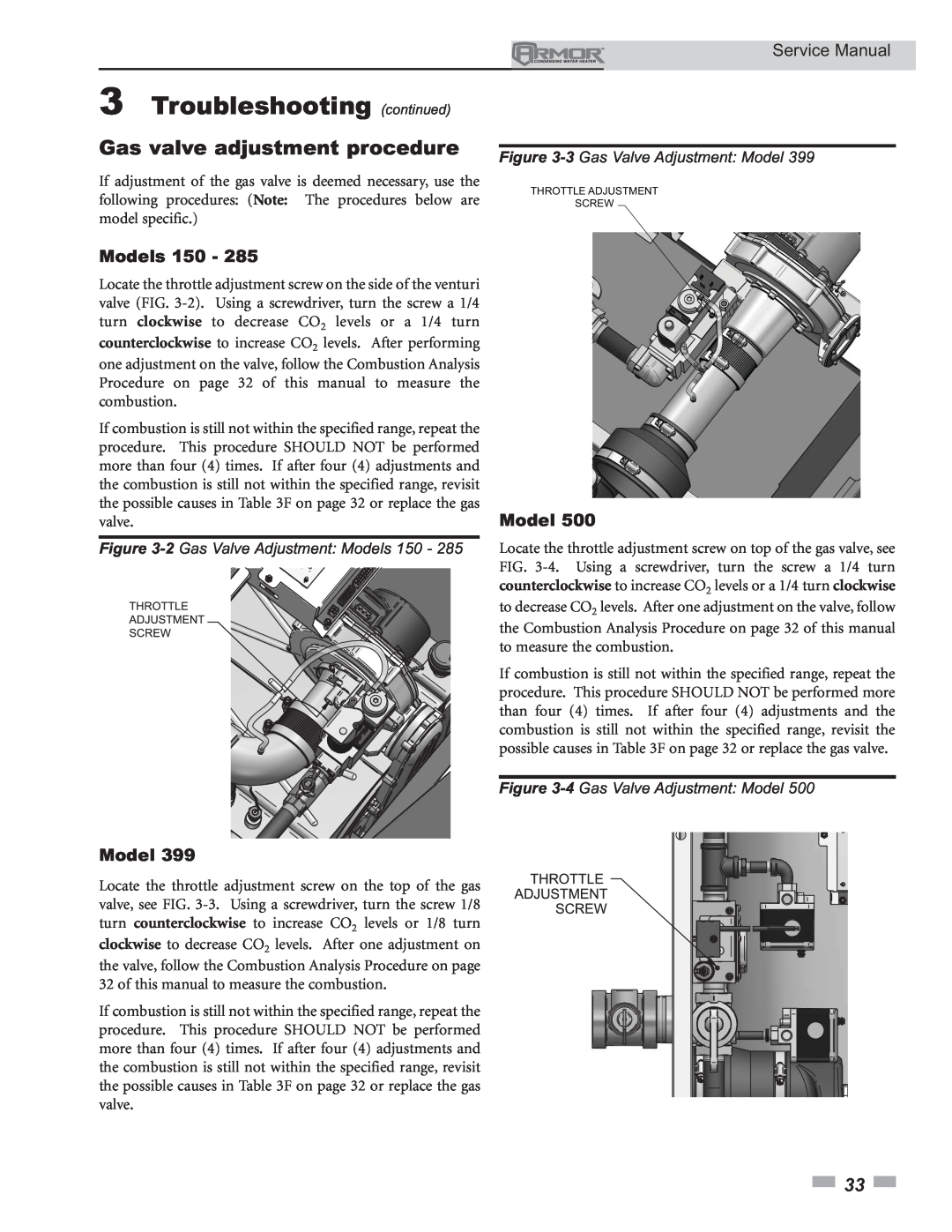 Lochinvar 150 - 500 Gas valve adjustment procedure, 3Troubleshooting continued, Models, 3 Gas Valve Adjustment Model 
