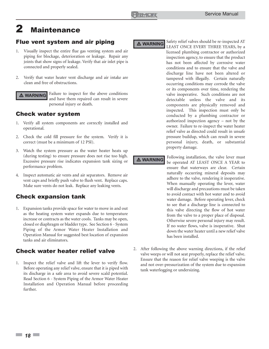 Lochinvar 150 - 800 service manual Flue vent system and air piping, Check water system, Check expansion tank 