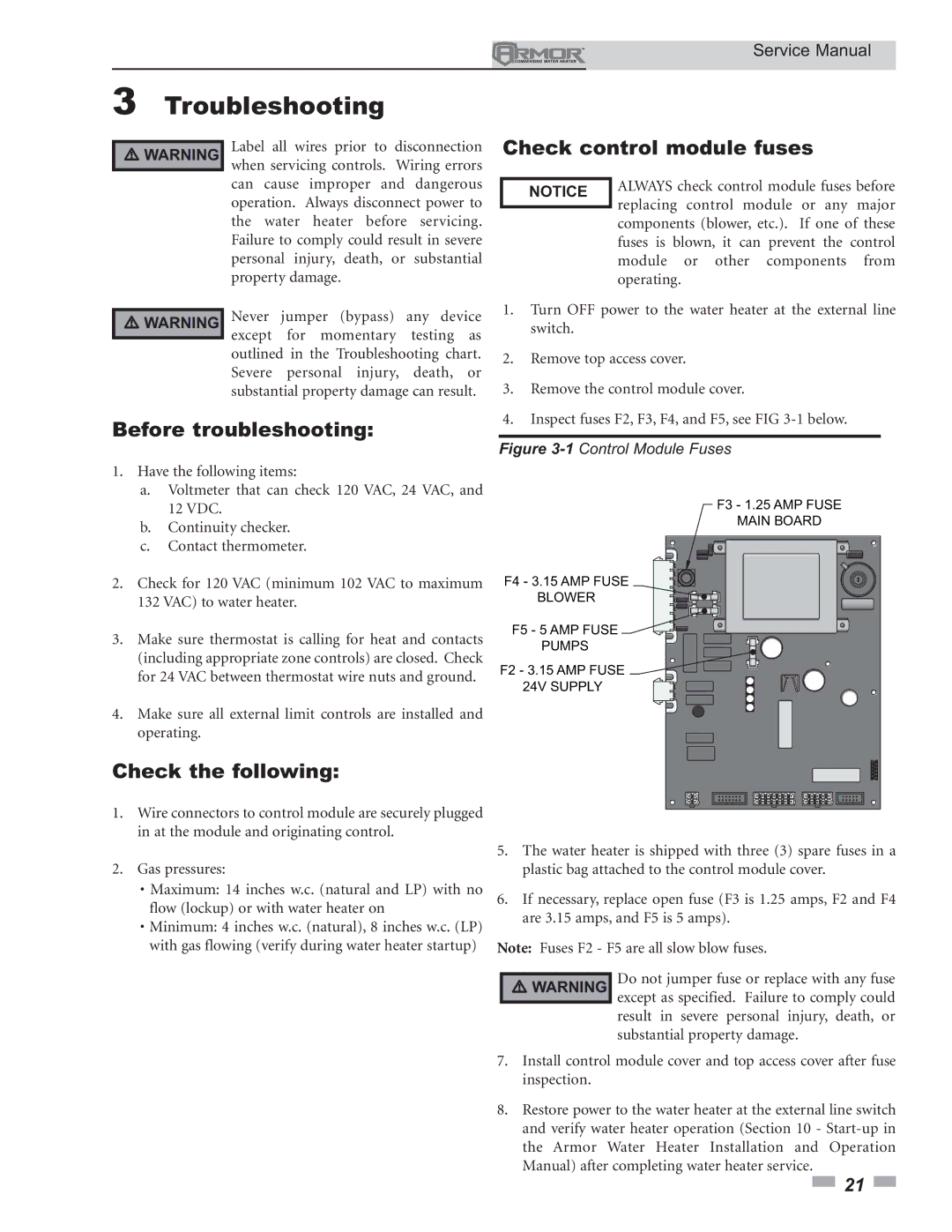 Lochinvar 150 - 800 service manual Troubleshooting, Check control module fuses, Before troubleshooting, Check the following 