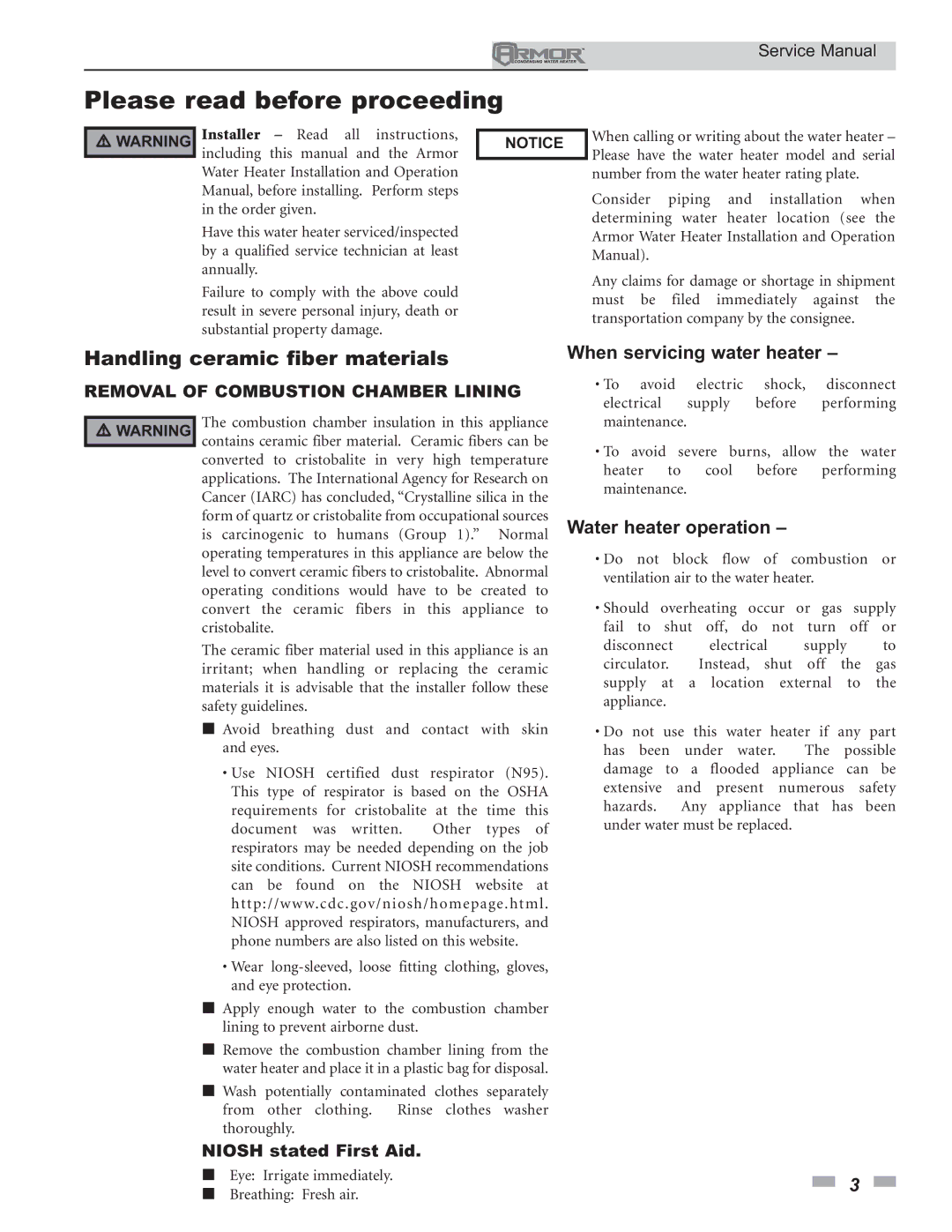 Lochinvar 150 - 800 service manual Please read before proceeding, Handling ceramic fiber materials, Niosh stated First Aid 