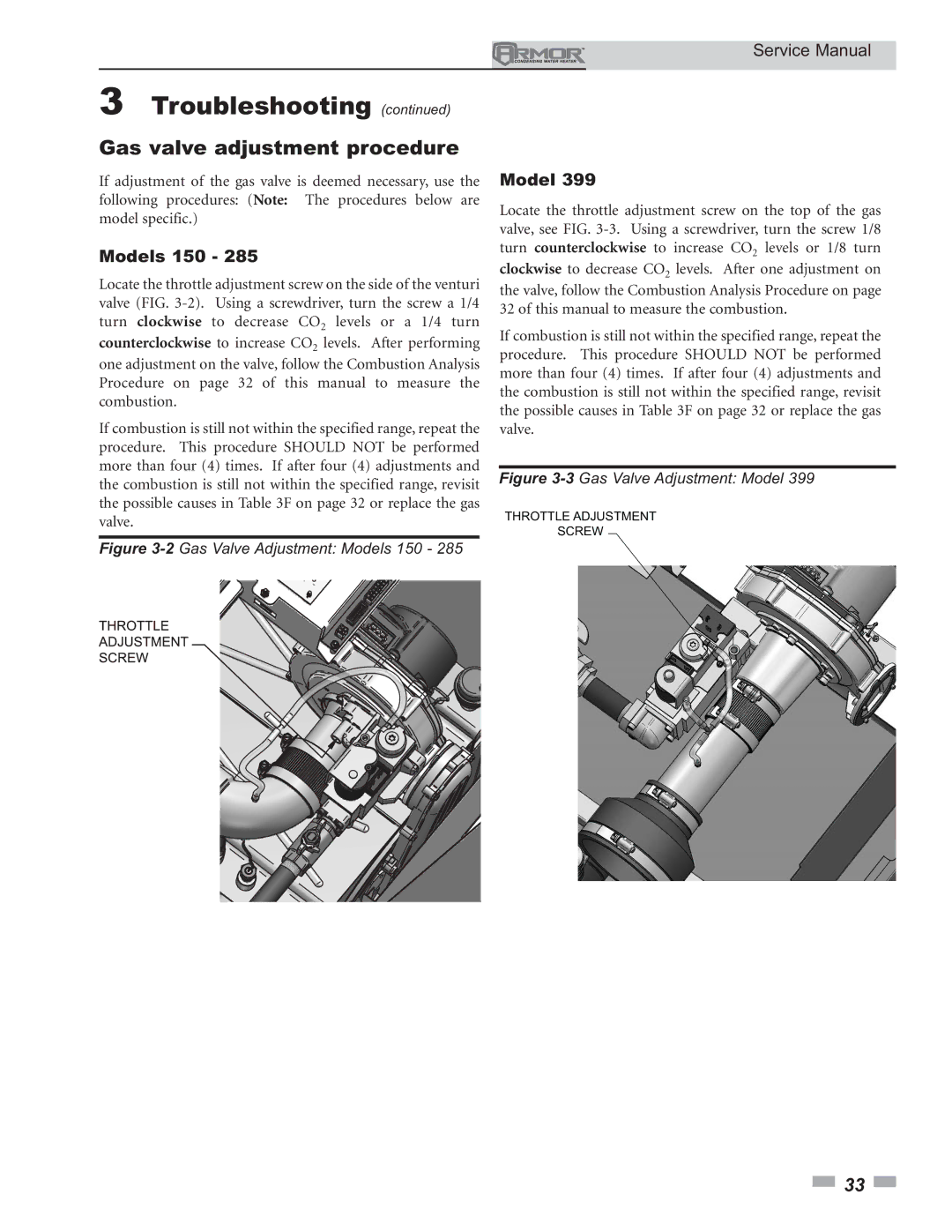 Lochinvar 150 - 800 service manual Gas valve adjustment procedure, Models 150 