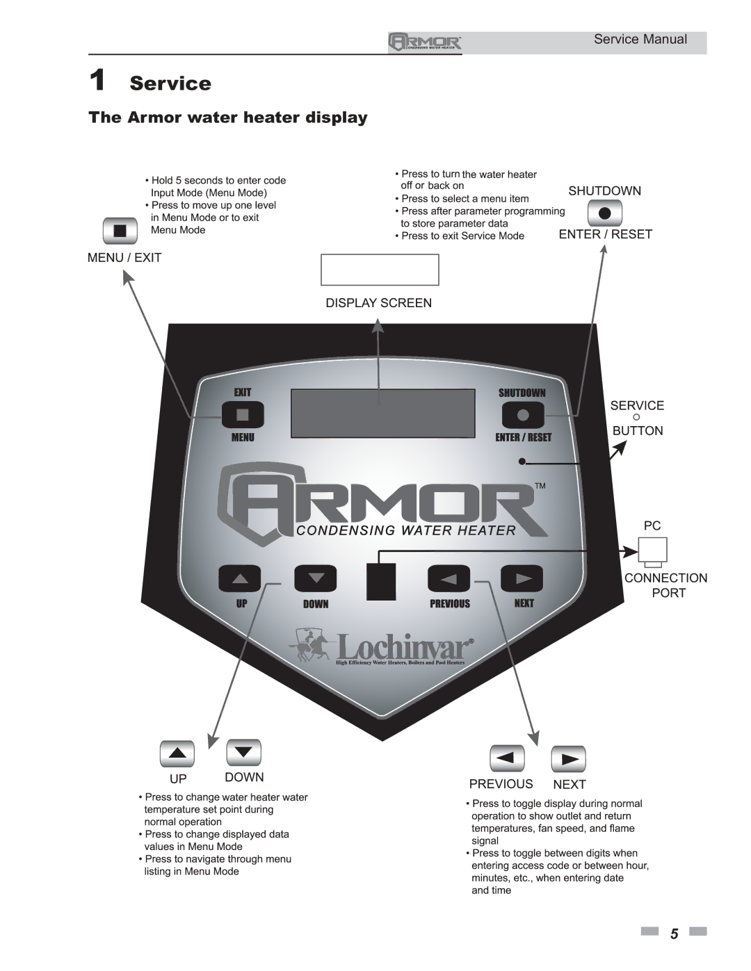 Lochinvar 150 - 800 service manual Service, Armor water heater display 