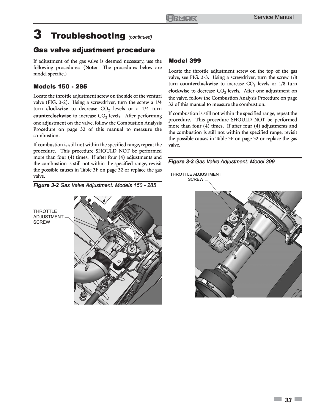Lochinvar 150 - 800 Gas valve adjustment procedure, 3Troubleshooting continued, 2 Gas Valve Adjustment Models 