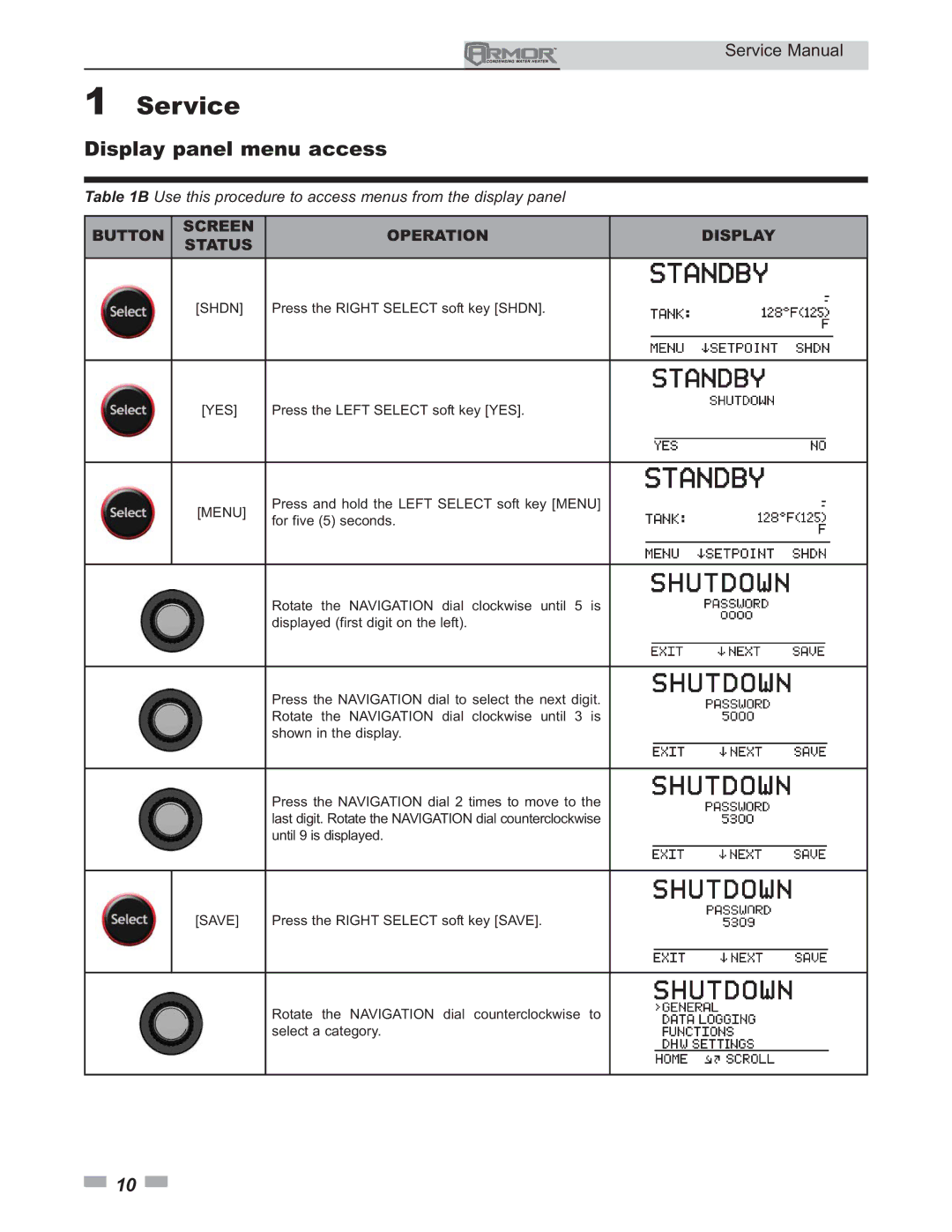 Lochinvar 151 - 801 service manual Display panel menu access, Button Screen Operation Display Status 