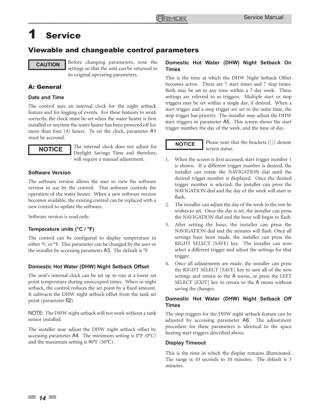 Lochinvar 151 - 801 service manual Viewable and changeable control parameters 