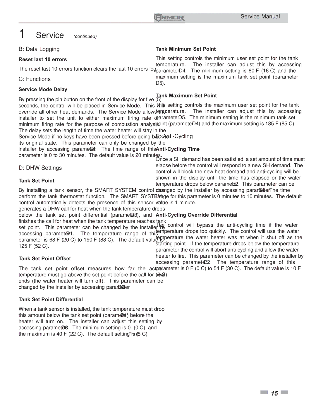 Lochinvar 151 - 801 service manual Data Logging, Functions, DHW Settings, Anti-Cycling 