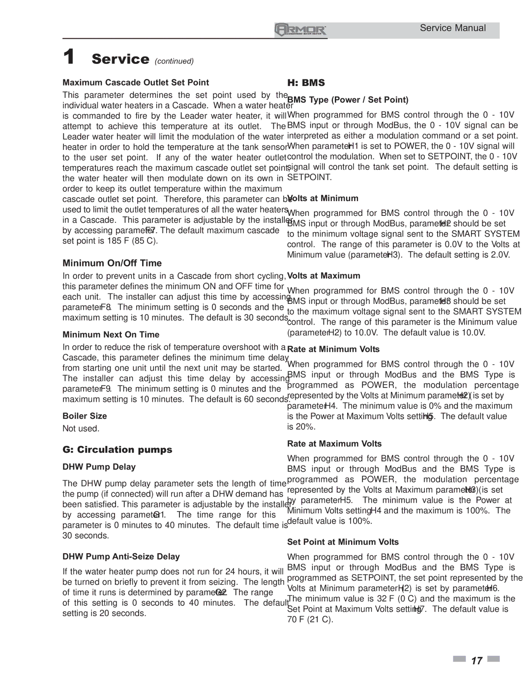 Lochinvar 151 - 801 service manual Minimum On/Off Time, Circulation pumps 