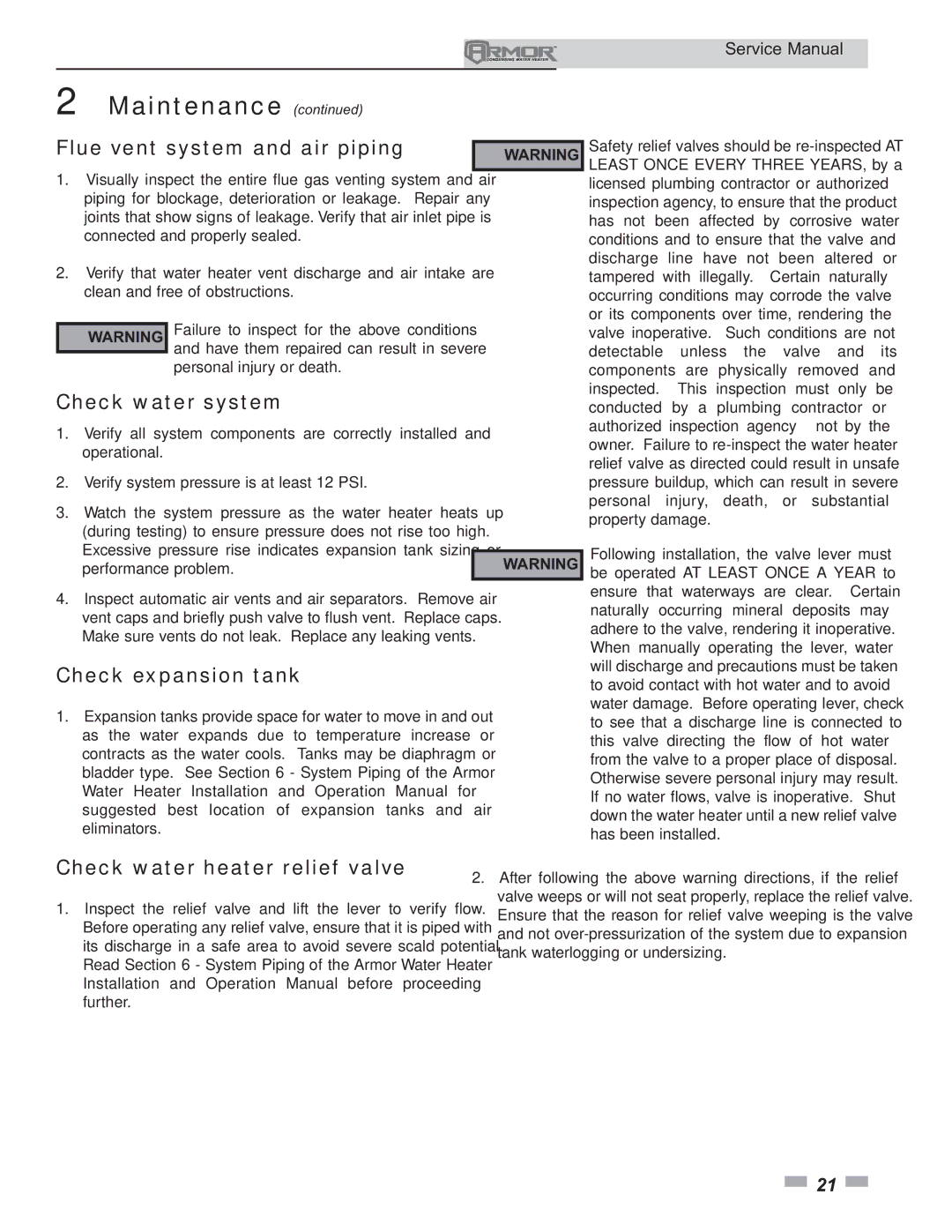 Lochinvar 151 - 801 service manual Flue vent system and air piping, Check water system, Check expansion tank 