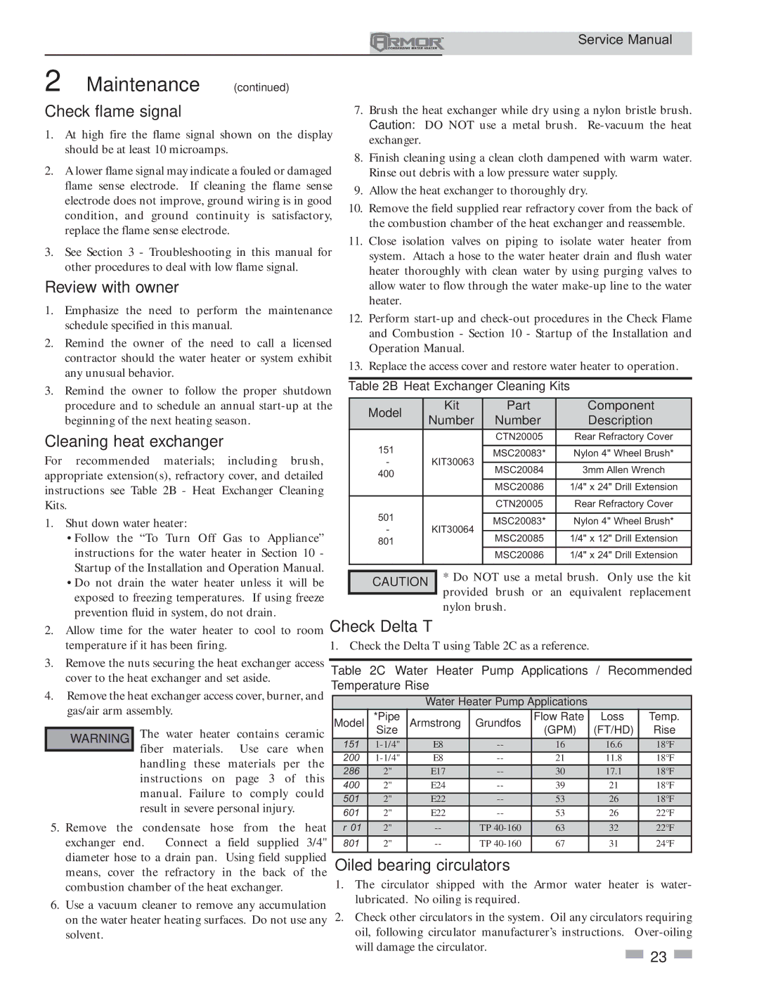 Lochinvar 151 - 801 Check flame signal, Review with owner, Cleaning heat exchanger, Oiled bearing circulators 