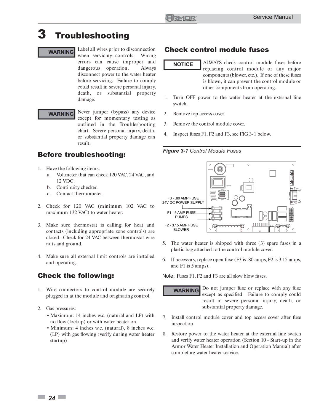 Lochinvar 151 - 801 service manual Troubleshooting, Check control module fuses, Before troubleshooting, Check the following 