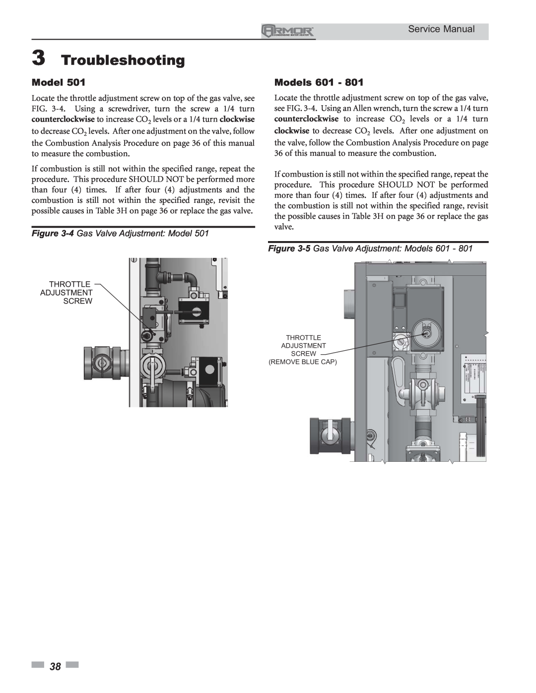 Lochinvar 151 - 801 service manual 4 Gas Valve Adjustment Model, 5 Gas Valve Adjustment Models, 3Troubleshooting 