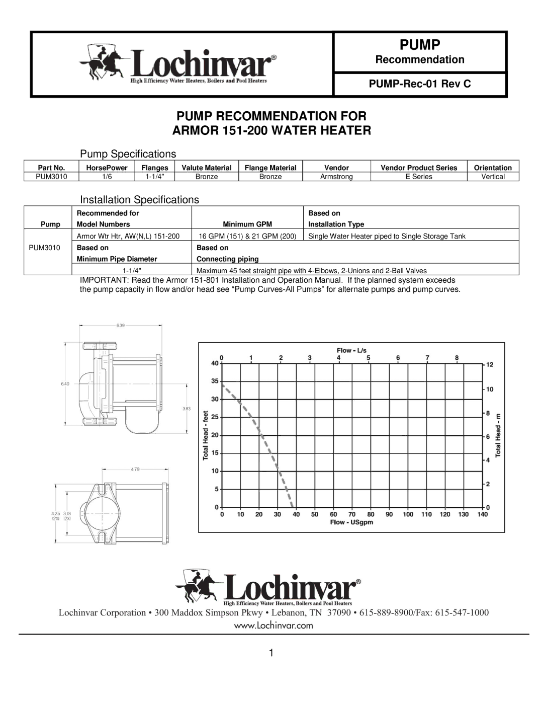 Lochinvar specifications Pump Recommendation for Armor 151-200 Water Heater 