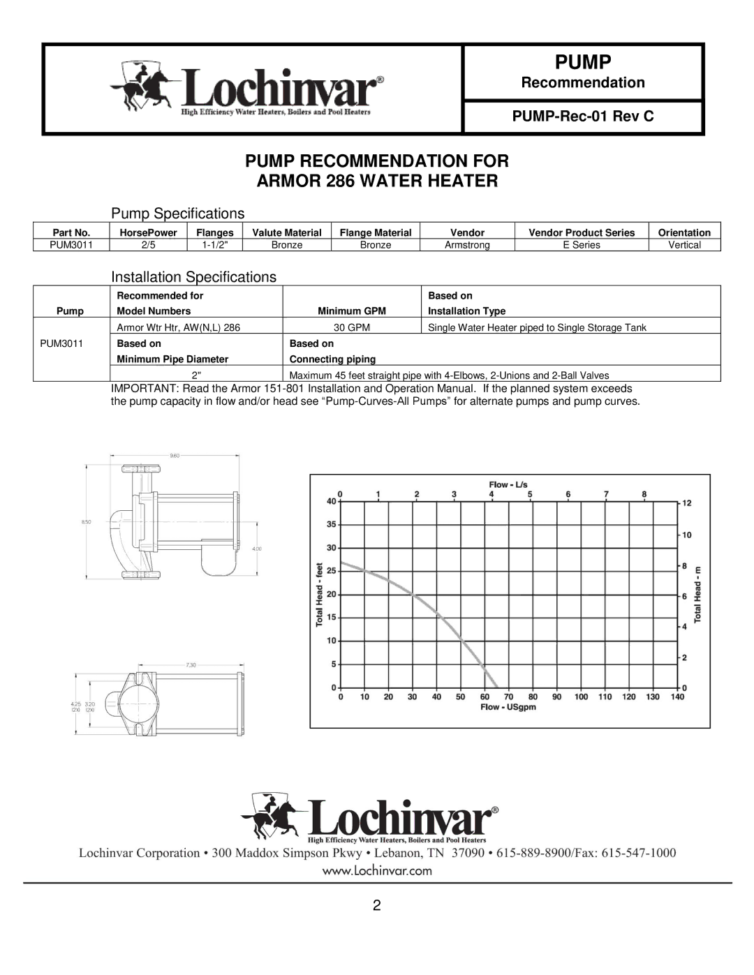 Lochinvar 151-200 specifications Pump Recommendation for Armor 286 Water Heater 