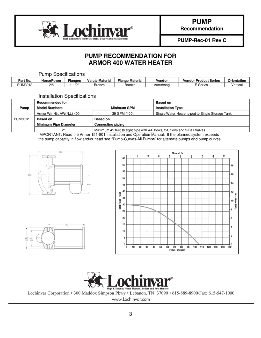 Lochinvar 151-200 specifications Pump Recommendation for Armor 400 Water Heater 